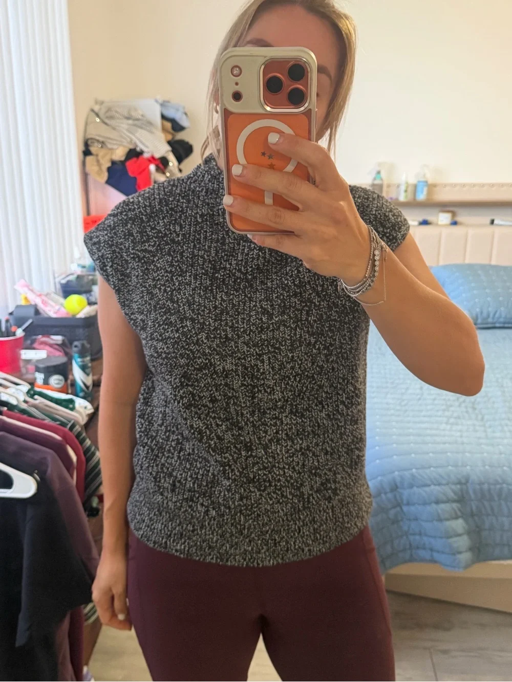 Women's Black & White Marled Knit Sleeveless Sweater